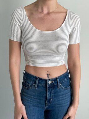 H&M Striped Cropped Baby Tee White Cotton Size S